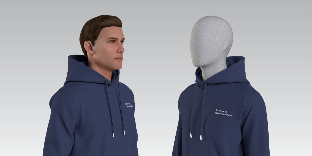 Two dark blue hoodies in two different avvatars: one with a face, and the other faceless.