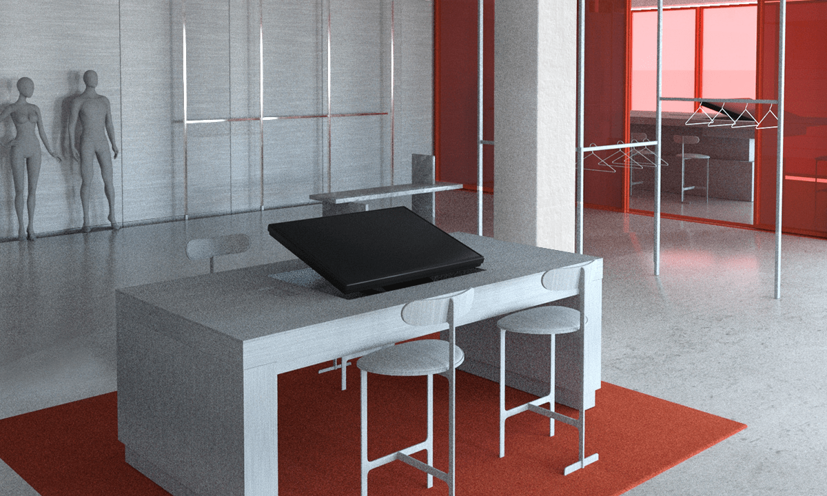 3D render of a digital showroom, with a screen on the table and empty racks of clothing behind