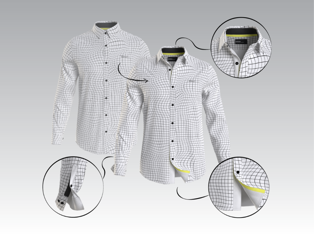 A black and white shirt with focus on the details, as displayed on a 3D style guide